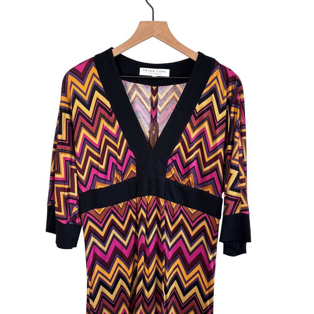 Trina Turk Chevron Silk V-Neck Dress Multicolor Womens 12 Empire Waist Zig Zag - Picture 4 of 5